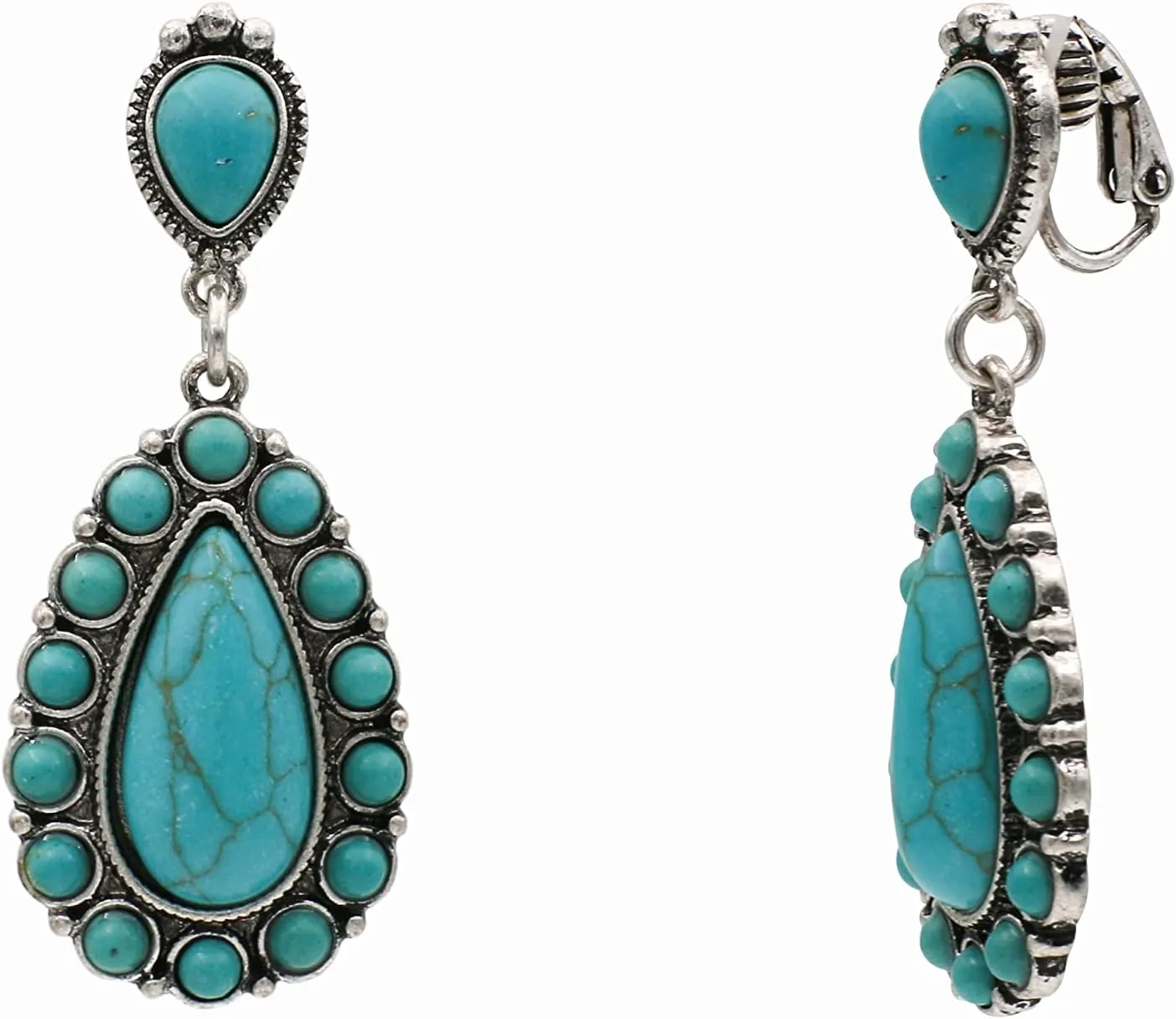 Turquoise Stone Teardrop Double Drop Clip On Earrings