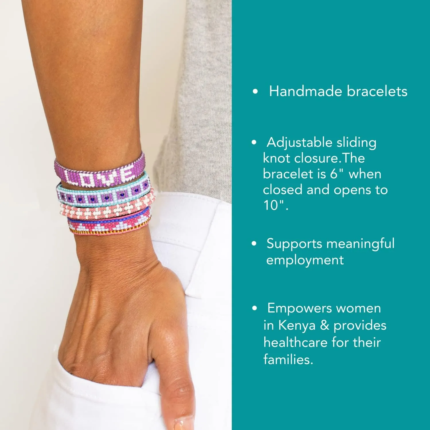 Ubuntu Life Beaded Woven LOVE Bracelet  Handmade Glass Bead Bracelet with Slide Closure, Made from Vegan Materials, Stackable Bracelets for Women and Men