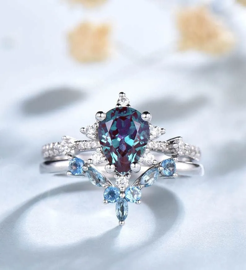 Unique Pear Cut Alexandrite Engagement Ring Curved Topaz Matching Band