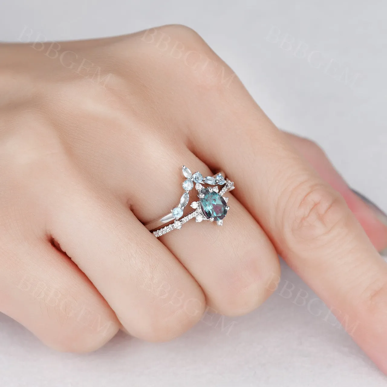 Unique Pear Cut Alexandrite Engagement Ring Curved Topaz Matching Band