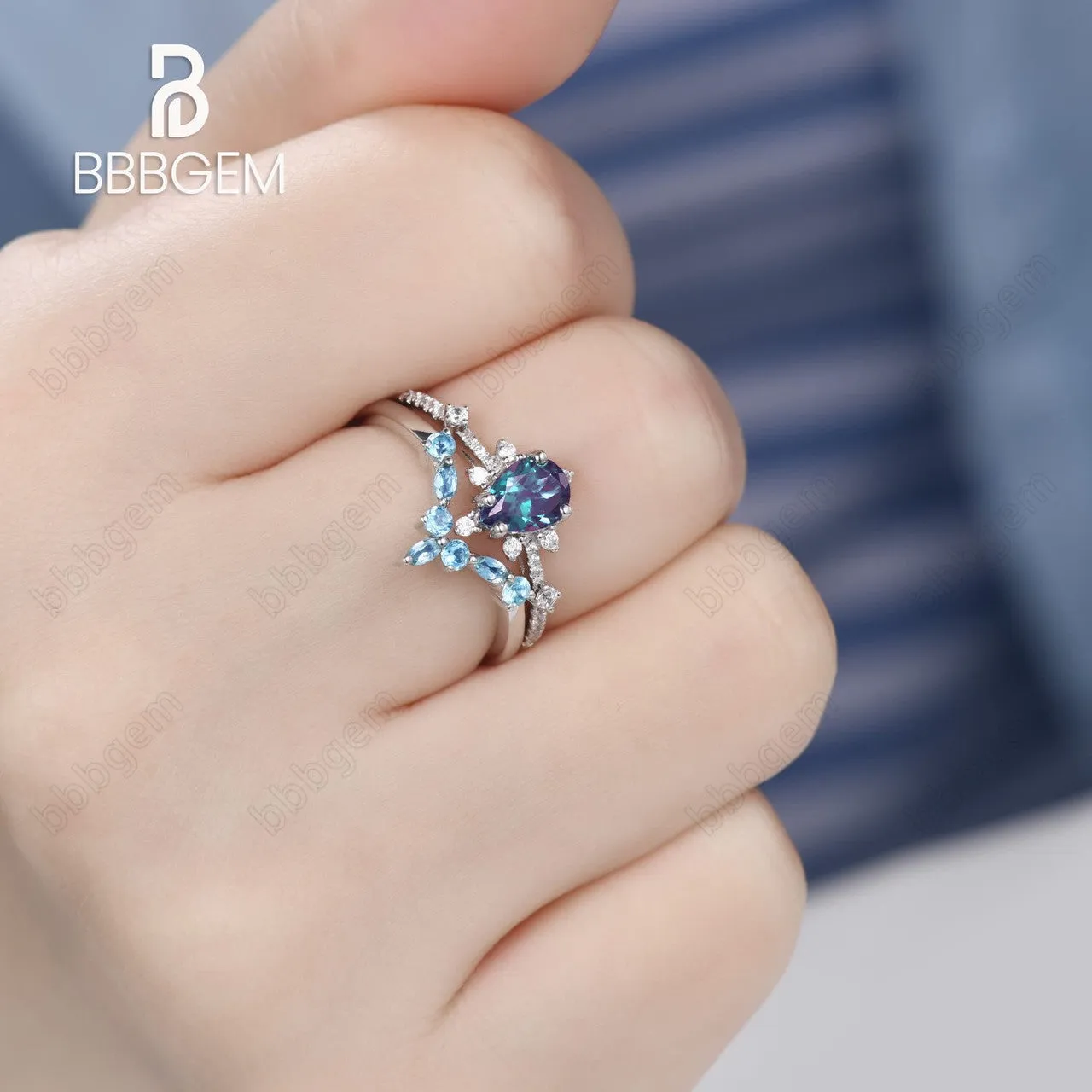 Unique Pear Cut Alexandrite Engagement Ring Curved Topaz Matching Band