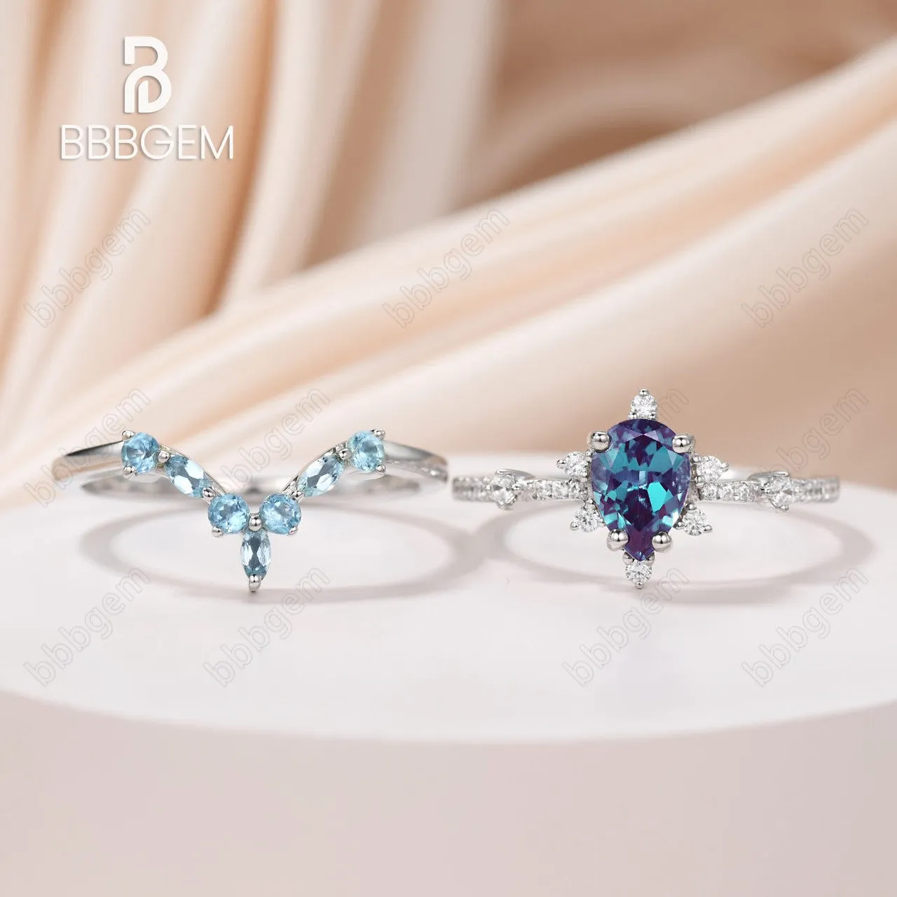 Unique Pear Cut Alexandrite Engagement Ring Curved Topaz Matching Band