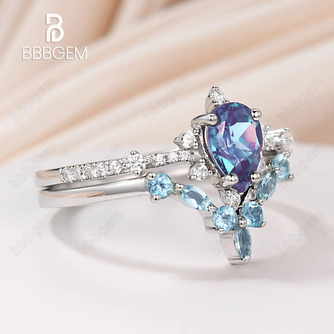 Unique Pear Cut Alexandrite Engagement Ring Curved Topaz Matching Band