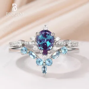 Unique Pear Cut Alexandrite Engagement Ring Curved Topaz Matching Band