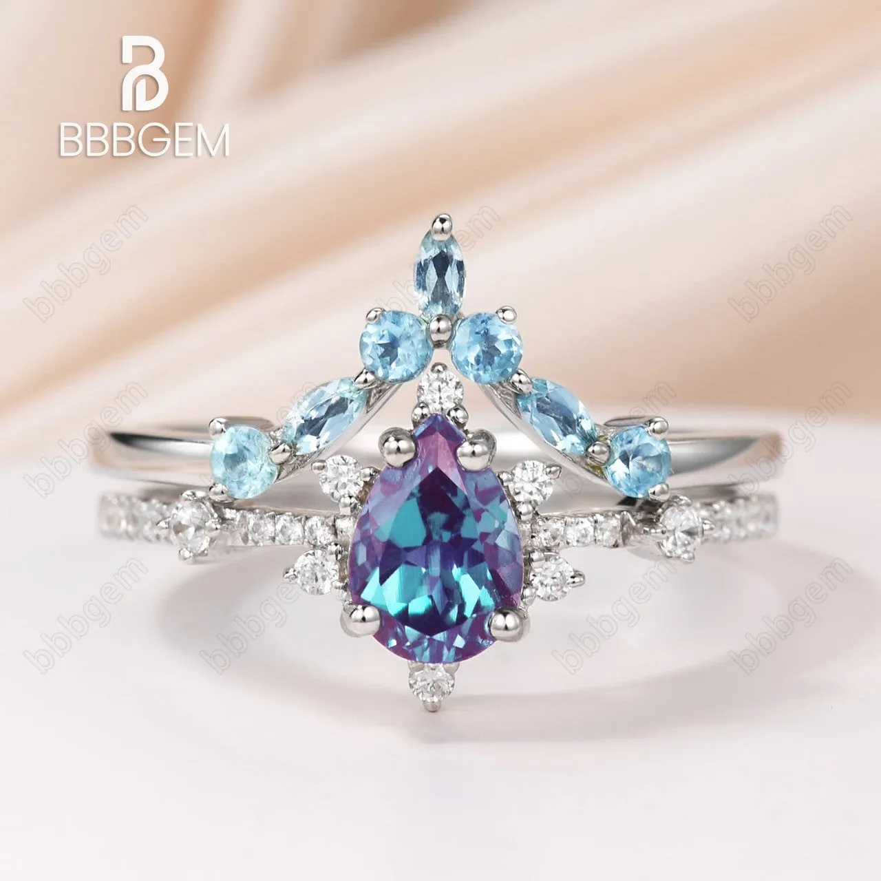 Unique Pear Cut Alexandrite Engagement Ring Curved Topaz Matching Band