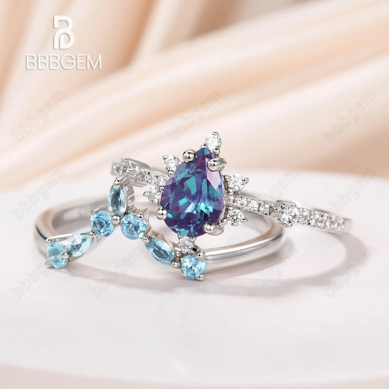 Unique Pear Cut Alexandrite Engagement Ring Curved Topaz Matching Band