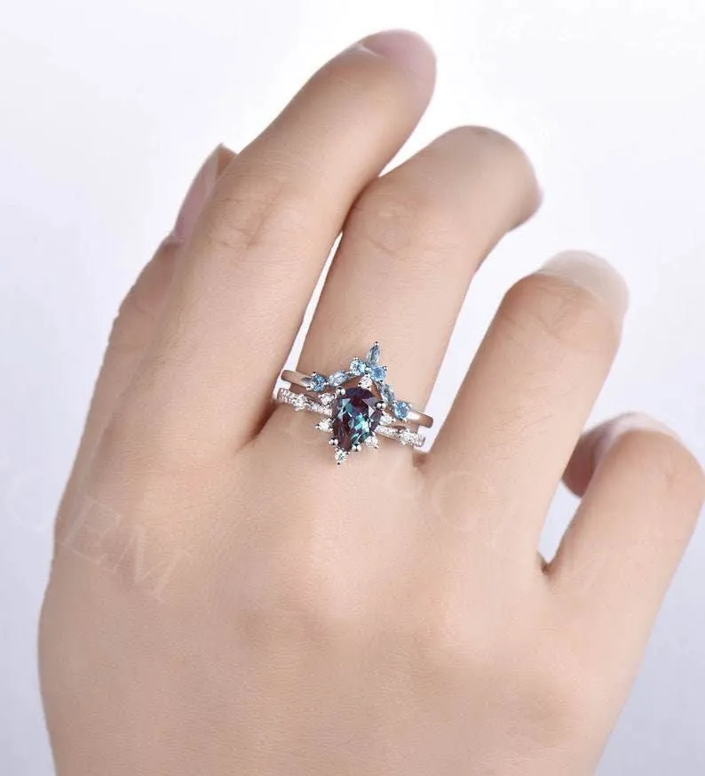 Unique Pear Cut Alexandrite Engagement Ring Curved Topaz Matching Band