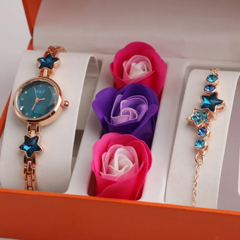 Valentine's Day Women's Rose Gift Box Set: Watch, Bracelet & Perfume