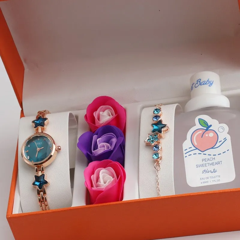 Valentine's Day Women's Rose Gift Box Set: Watch, Bracelet & Perfume