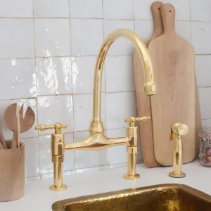 Vintage 8" Unlacquered Brass Bridge faucet, Kitchen Sink Faucet, Lever Handles