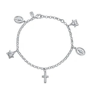 Virgin Mary Cross Dangle Religious Charm Bracelet .925 Sterling Silver