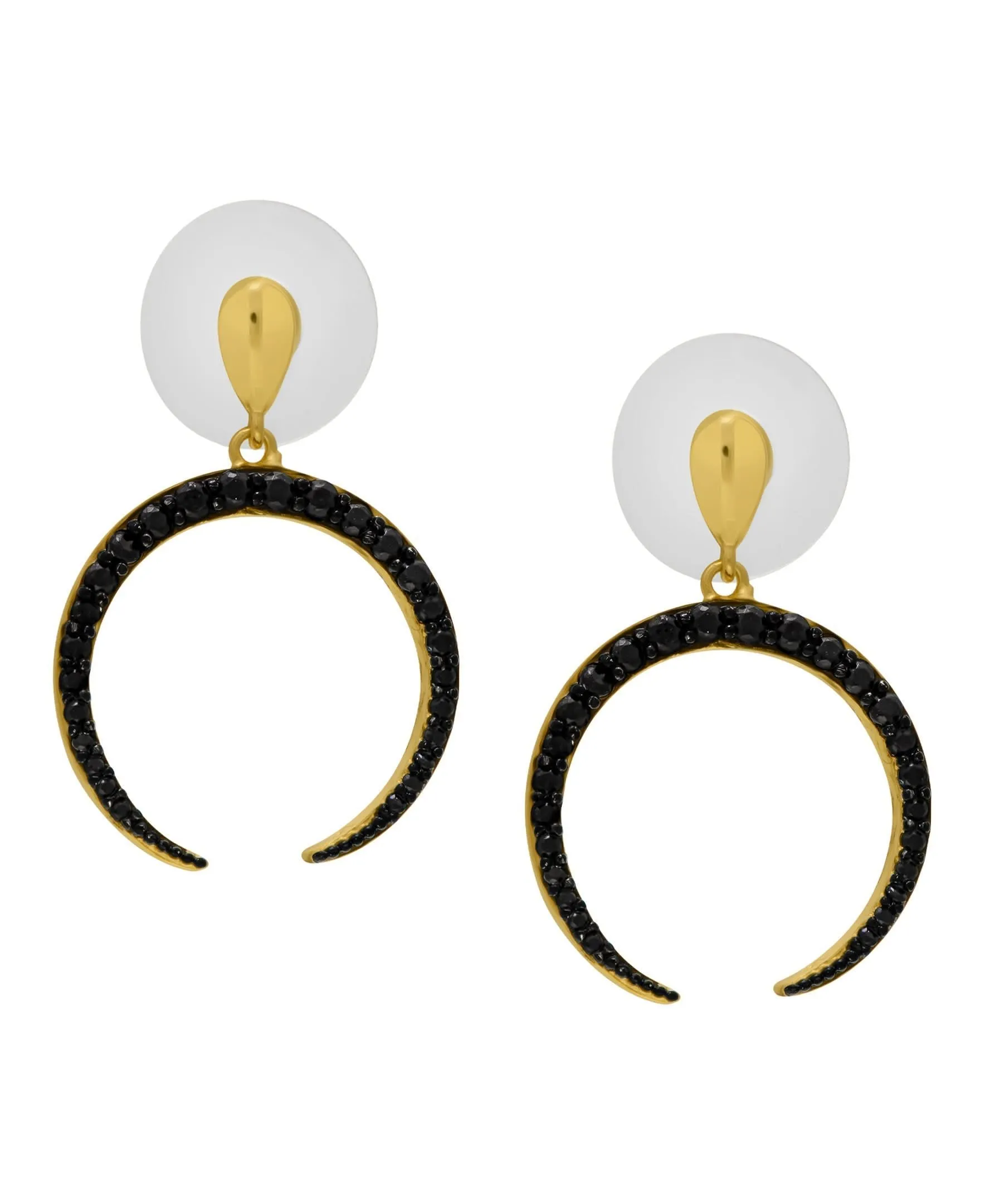 Yellow Gold Plated Black CZ Sdeways Cresent Moon Earrings