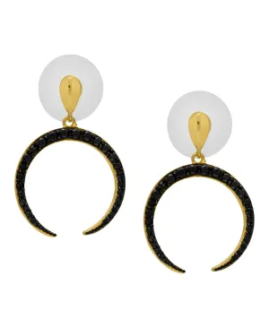 Yellow Gold Plated Black CZ Sdeways Cresent Moon Earrings